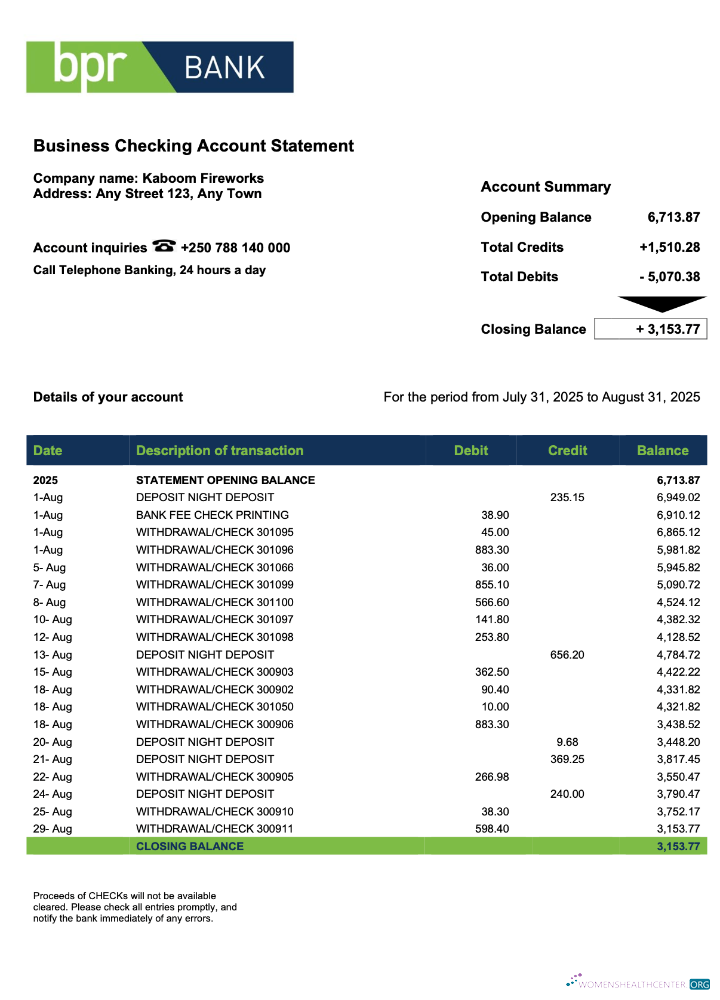 Download Rwanda BPR company checking account statement Word and PDF template Photoshop template